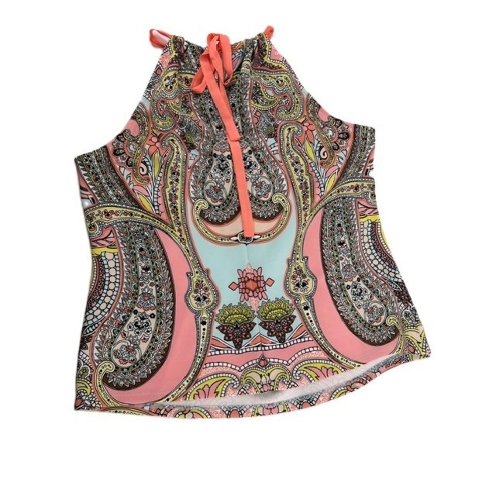 Bisou Bisou Paisley Halter Tank Top Neck Tie Front Sleeveless Blouse Large